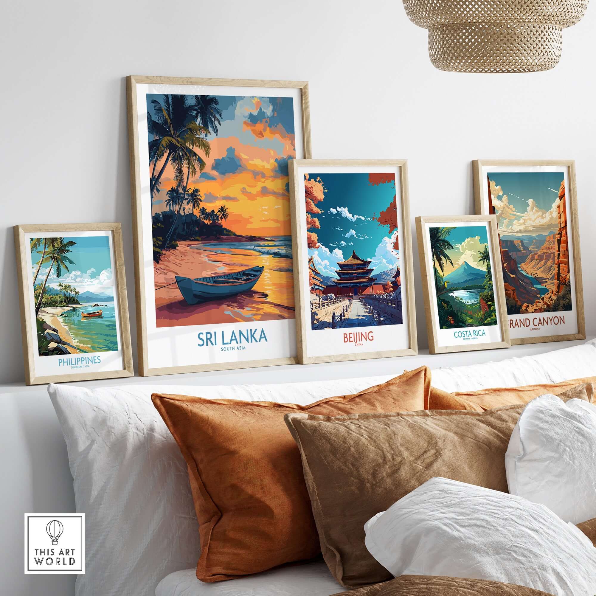 Sri Lanka Boat Print - Island Getaway Wall Art, Tropical Beach Decor displayed in a cozy living room setting.