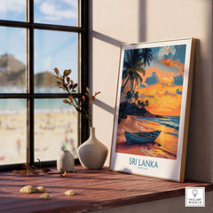 Sri Lanka Boat Print - Island Getaway Wall Art, Tropical Beach Decor featuring a scenic beach view with a boat.