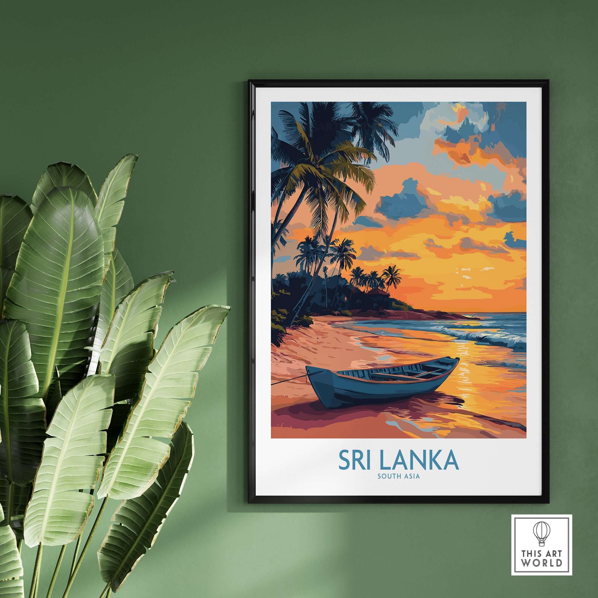 Sri Lanka Boat Print - Island Getaway Wall Art, Tropical Beach Decor showcasing a beach and boat scene at sunset.