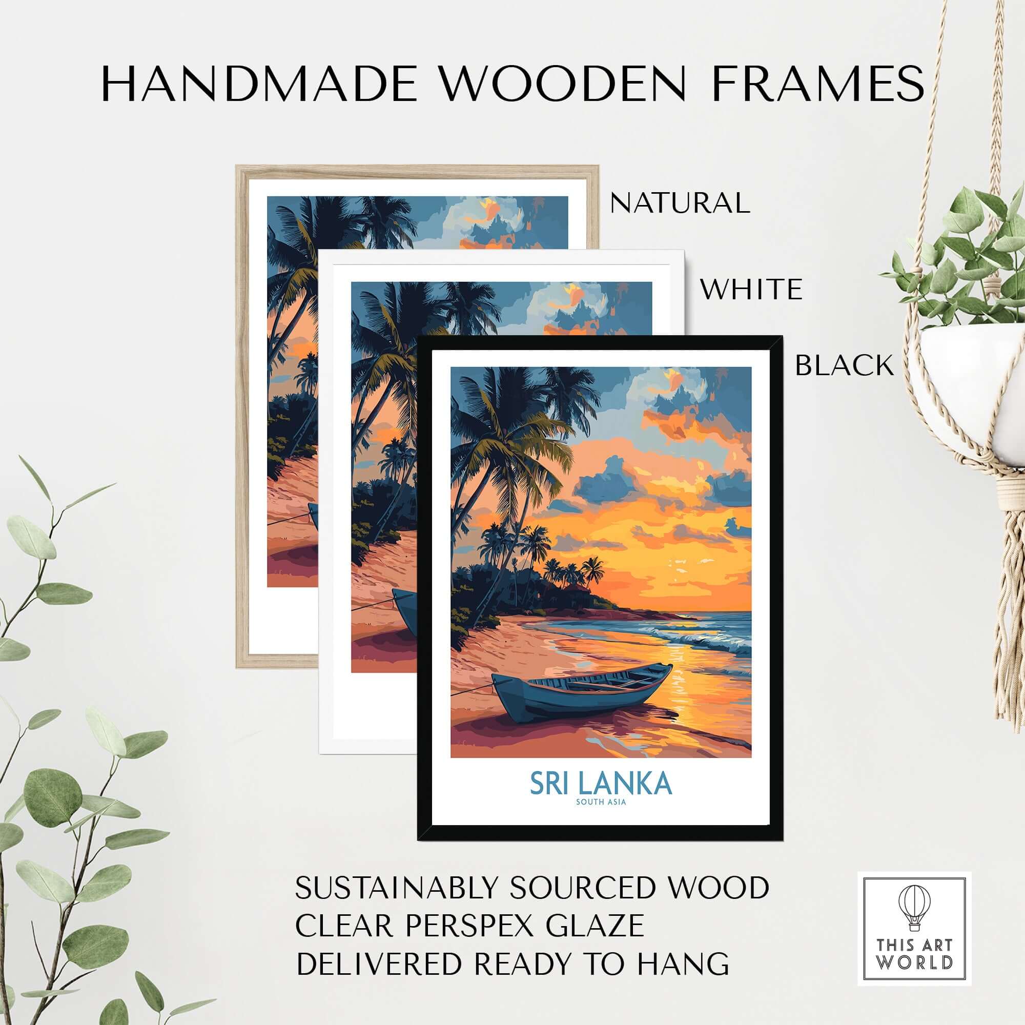 Sri Lanka Boat Print - Island Getaway Wall Art, Tropical Beach Decor in handmade wooden frames.