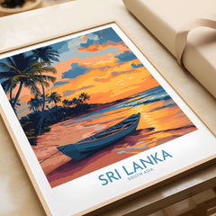 Sri Lanka Boat Print - Island Getaway Wall Art, Tropical Beach Decor featuring a scenic beach sunset.