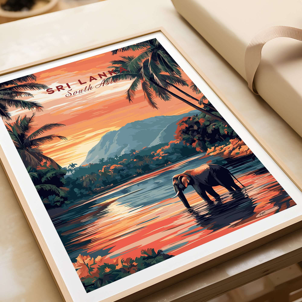 Sri Lanka Elephant Art - South Asia Travel Print, Wildlife Wall Decor featuring a majestic elephant in water.