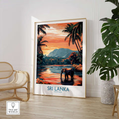 Sri Lanka Nature Art - Elephant in River Poster, Tropical Wildlife Print featuring an elephant by a river at sunset.