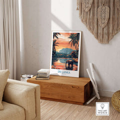 Sri Lanka Nature Art - Elephant in River Poster, Tropical Wildlife Print displayed in a cozy living room setting.