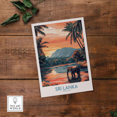 Sri Lanka Nature Art - Elephant in River Poster, Tropical Wildlife Print, depicting an elephant in a serene river setting.
