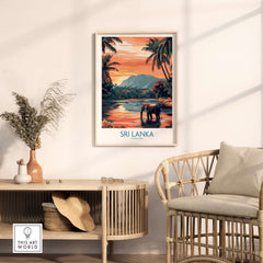 Sri Lanka Nature Art - Elephant in River Poster, Tropical Wildlife Print in a stylish living room setting.