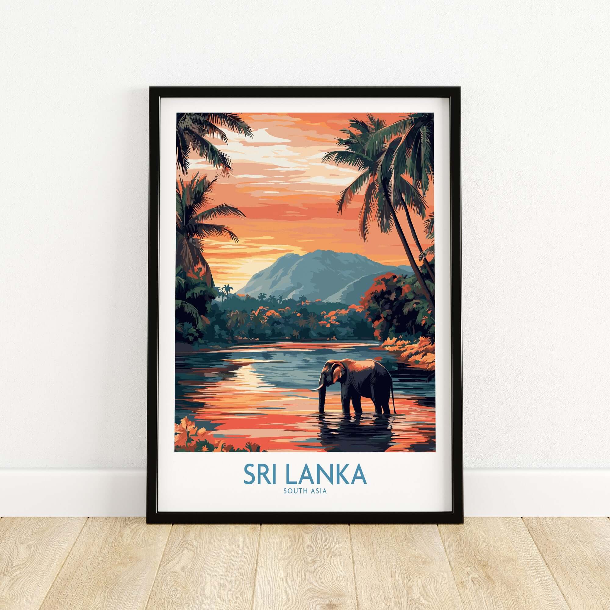 Sri Lanka Nature Art - Elephant in River Poster, Tropical Wildlife Print, depicting an elephant in a serene river setting at sunset.
