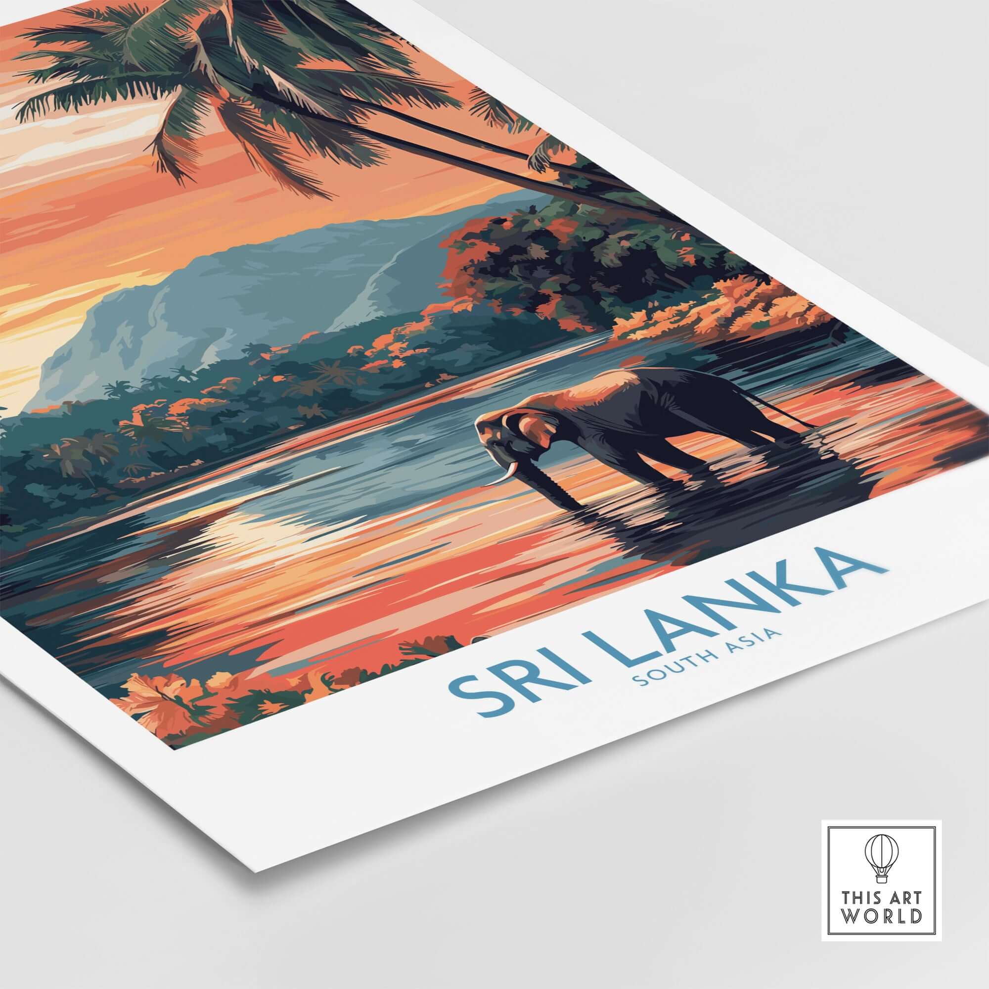 Sri Lanka Nature Art - Elephant in River Poster, Tropical Wildlife Print featuring an elephant in a serene river setting.