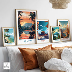 Sri Lanka Nature Art - Elephant in River Poster, Tropical Wildlife Print displayed among other travel art prints.