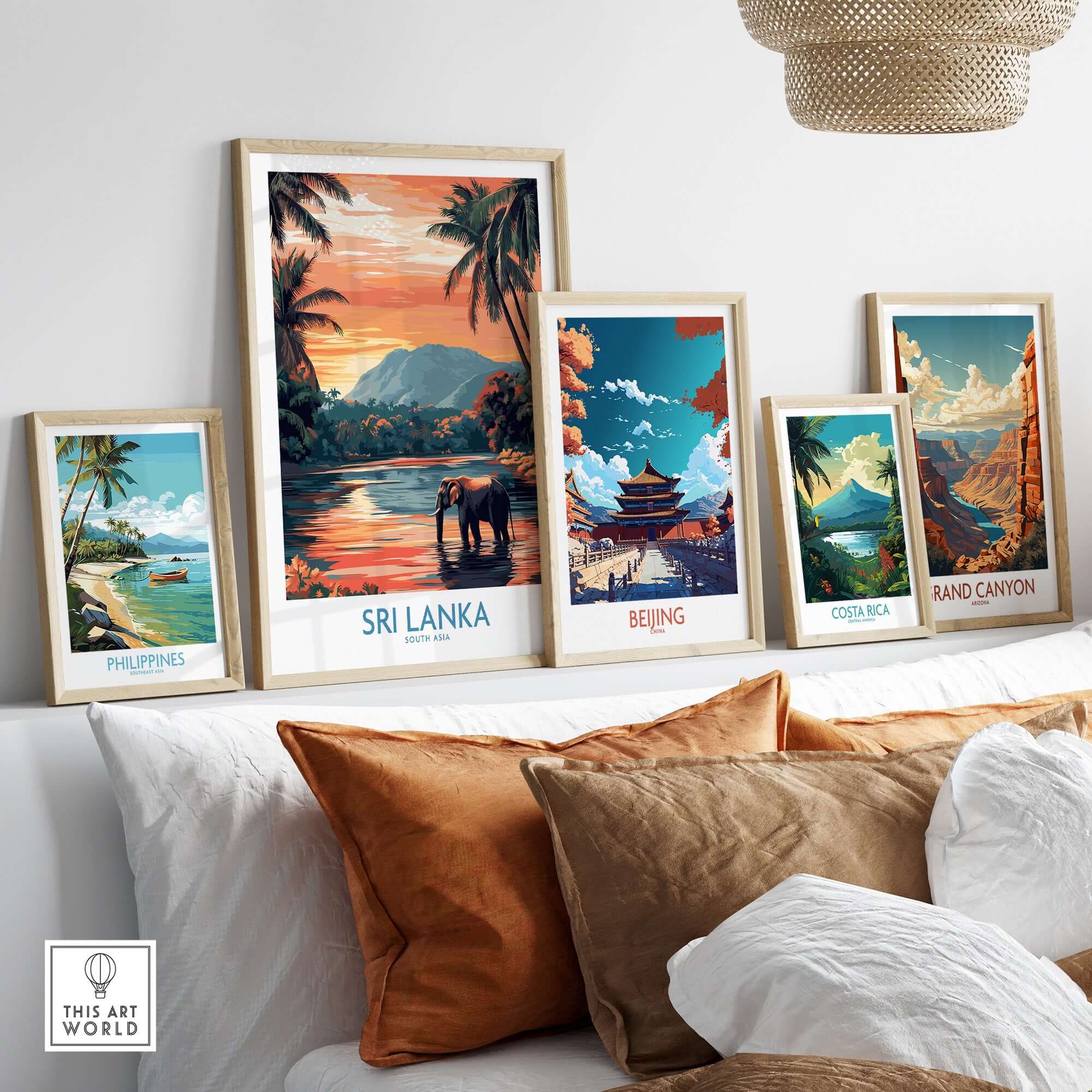 Sri Lanka Nature Art - Elephant in River Poster, Tropical Wildlife Print displayed among other travel art prints.