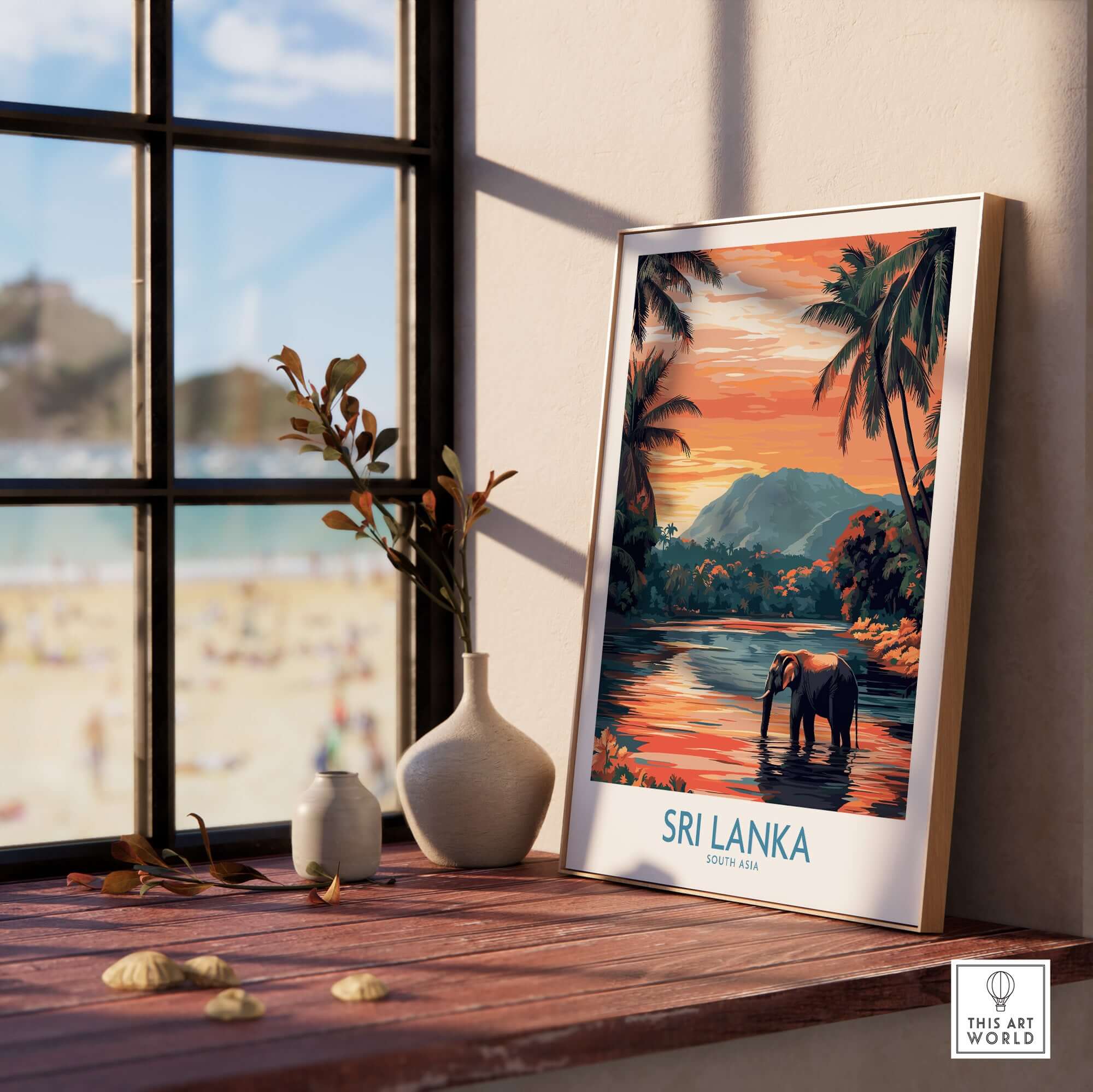Sri Lanka Nature Art - Elephant in River Poster, Tropical Wildlife Print displayed in a sunny interior setting.