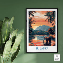 Sri Lanka Nature Art - Elephant in River Poster, Tropical Wildlife Print.