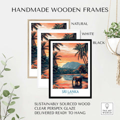 Sri Lanka Nature Art - Elephant in River Poster, Tropical Wildlife Print with handmade wooden frames in natural, white, and black.