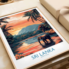 Sri Lanka Nature Art - Elephant in River Poster, Tropical Wildlife Print with vibrant sunset and palm trees.