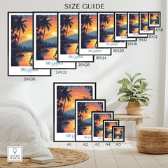 Sri Lanka Poster with Elephant in tropical setting at Sunset - Travel Print Size Guide showing various frame sizes.