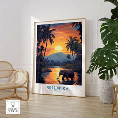Sri Lanka Poster with Elephant in tropical setting at Sunset - Travel Print adorning a stylish living space.