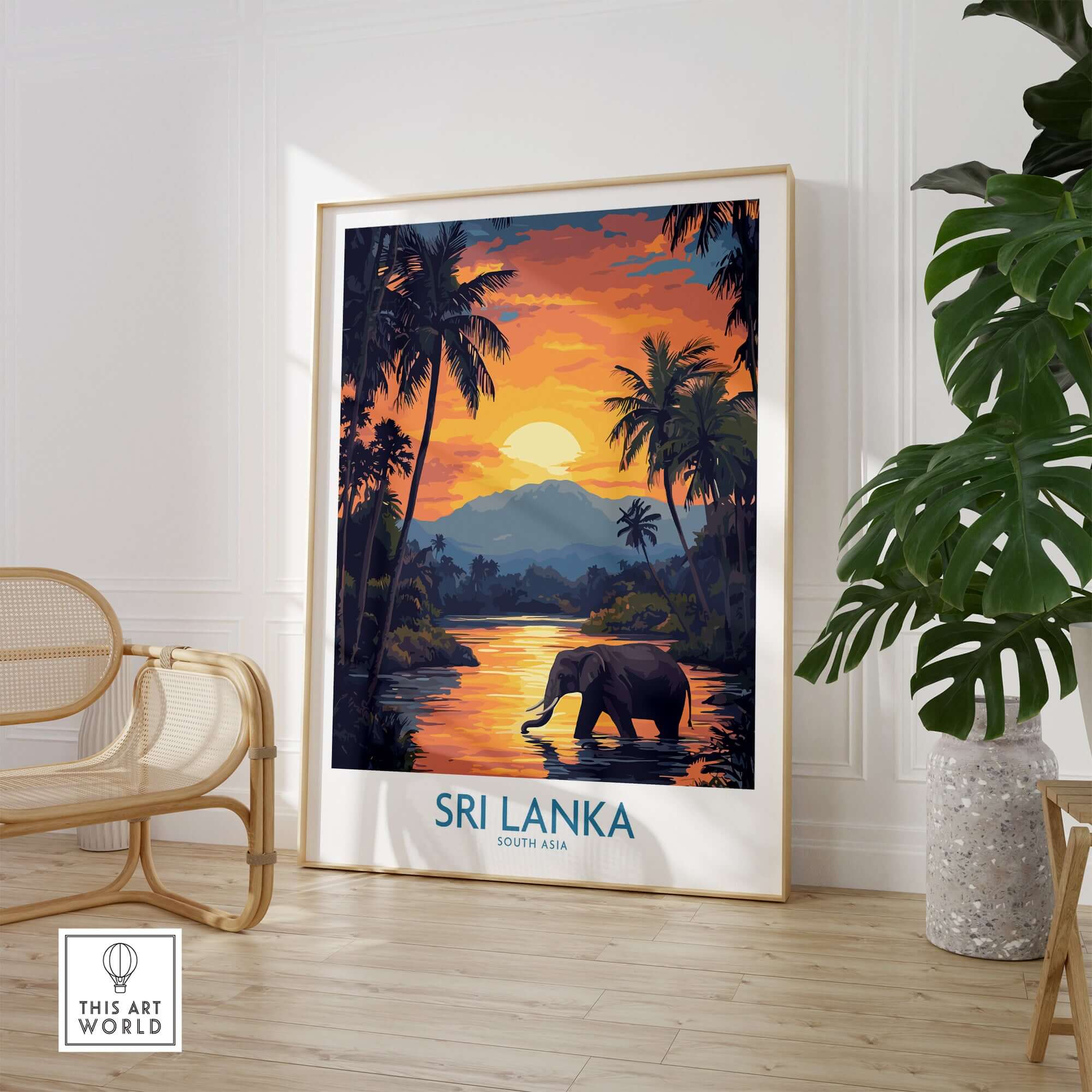 Sri Lanka Poster with Elephant in tropical setting at Sunset - Travel Print adorning a stylish living space.