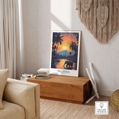 Sri Lanka Poster with Elephant in tropical setting at Sunset - Travel Print displayed in a cozy living room.