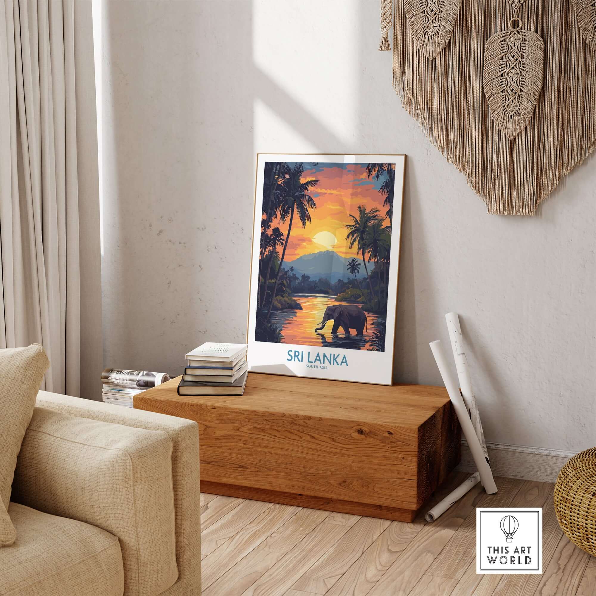 Sri Lanka Poster with Elephant in tropical setting at Sunset - Travel Print displayed in a cozy living room.