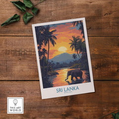 Sri Lanka Poster with Elephant in tropical setting at Sunset - Travel Print
