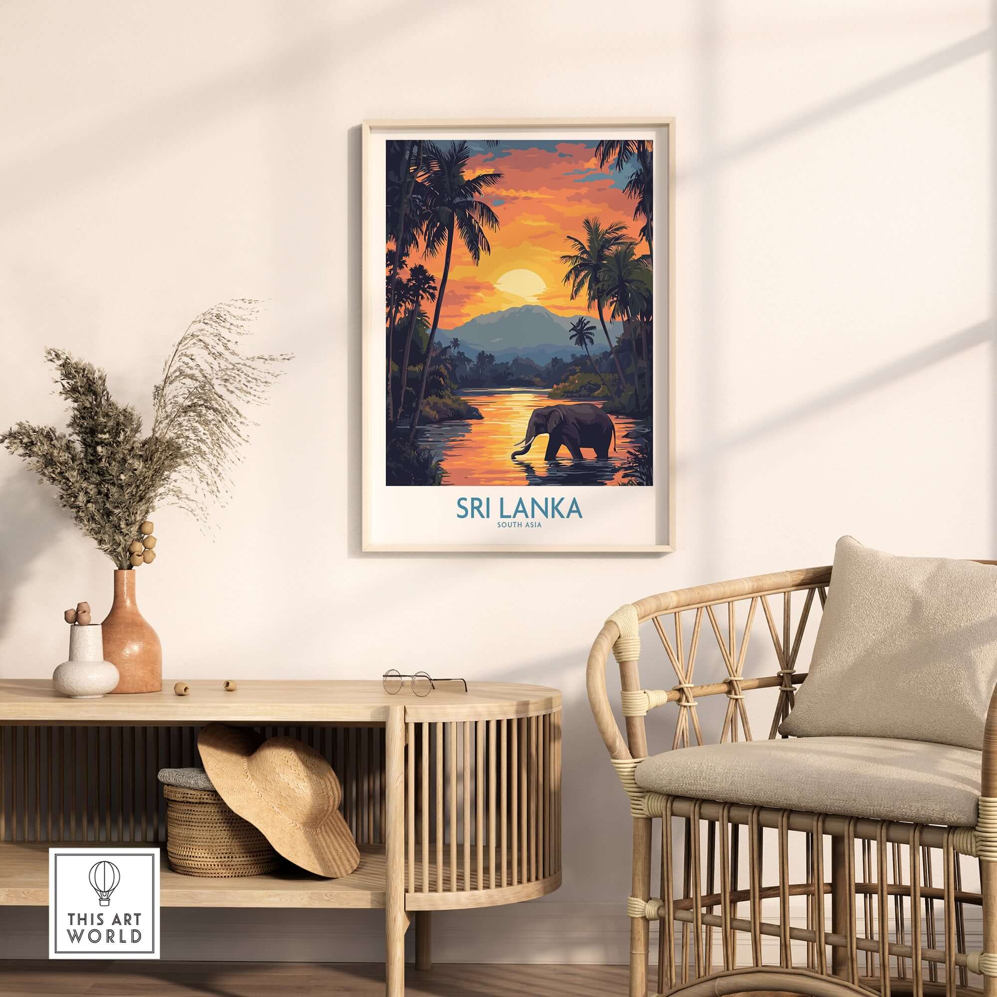 Sri Lanka Poster with Elephant in tropical setting at Sunset - Travel Print displayed in a stylish interior.