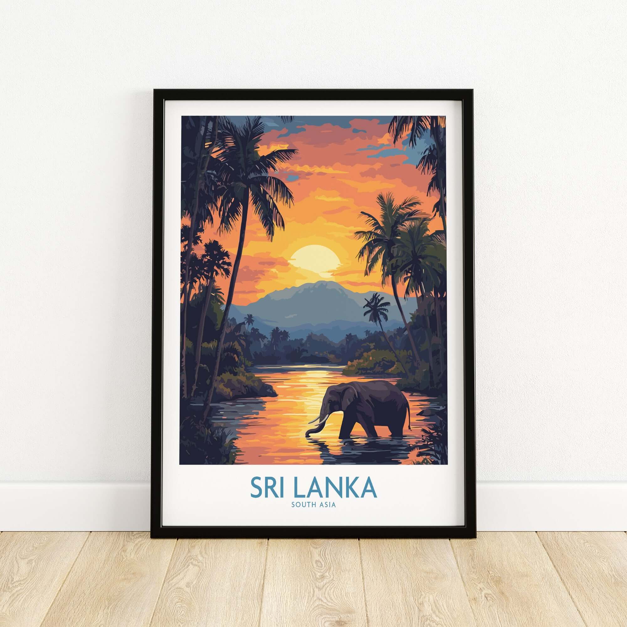 Sri Lanka Poster with Elephant in tropical setting at Sunset - Travel Print showcasing vibrant sunset and elephant.