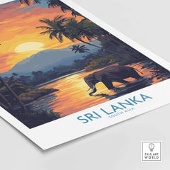 Sri Lanka Poster with Elephant in tropical setting at Sunset - Travel Print featuring a beautiful sunset and lush landscape.