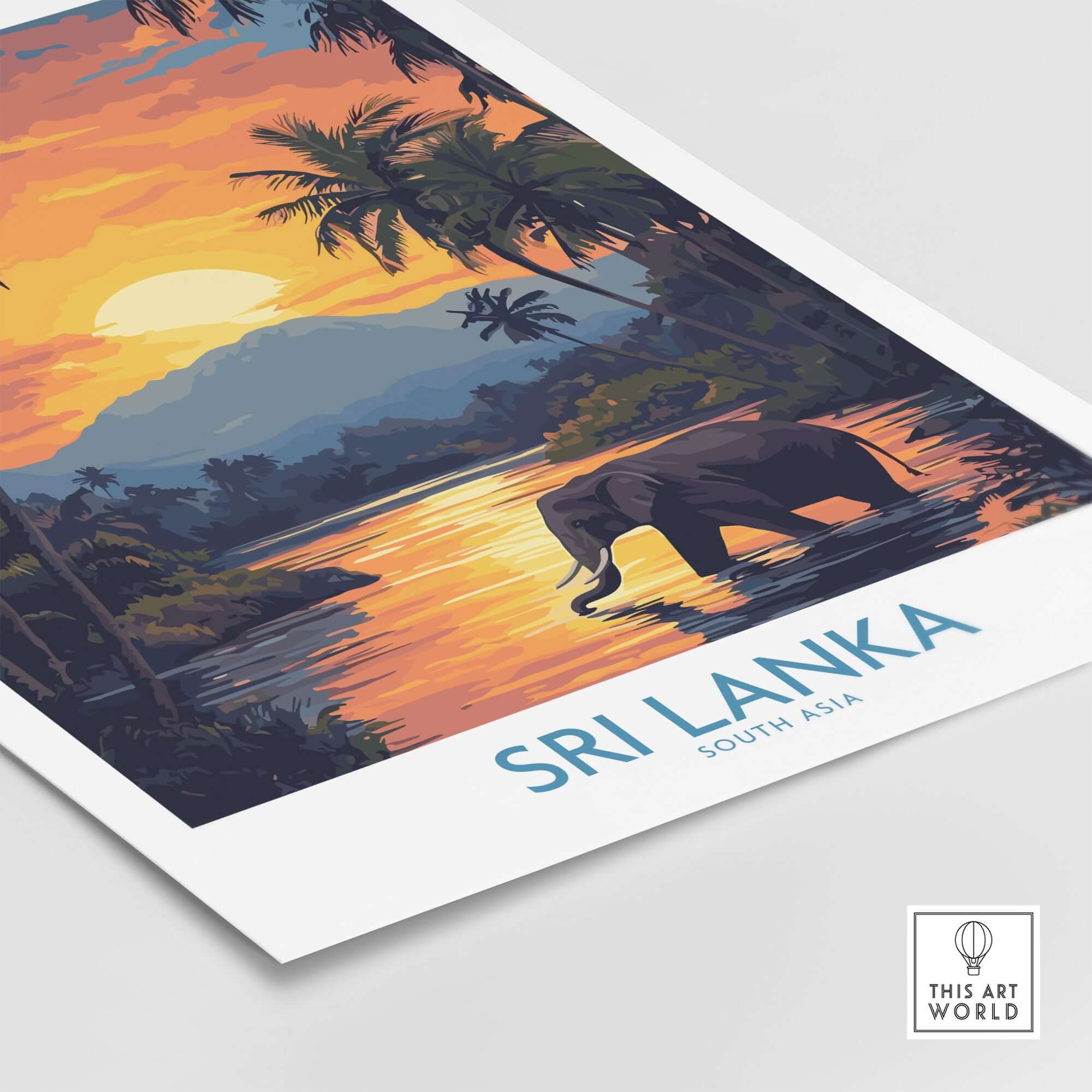 Sri Lanka Poster with Elephant in tropical setting at Sunset - Travel Print featuring a beautiful sunset and lush landscape.