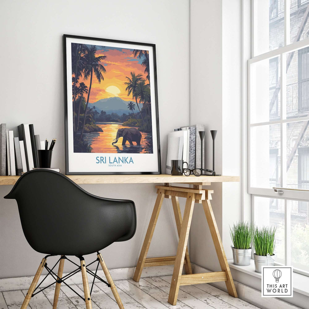Sri Lanka Poster with Elephant in tropical setting at Sunset - Travel Print