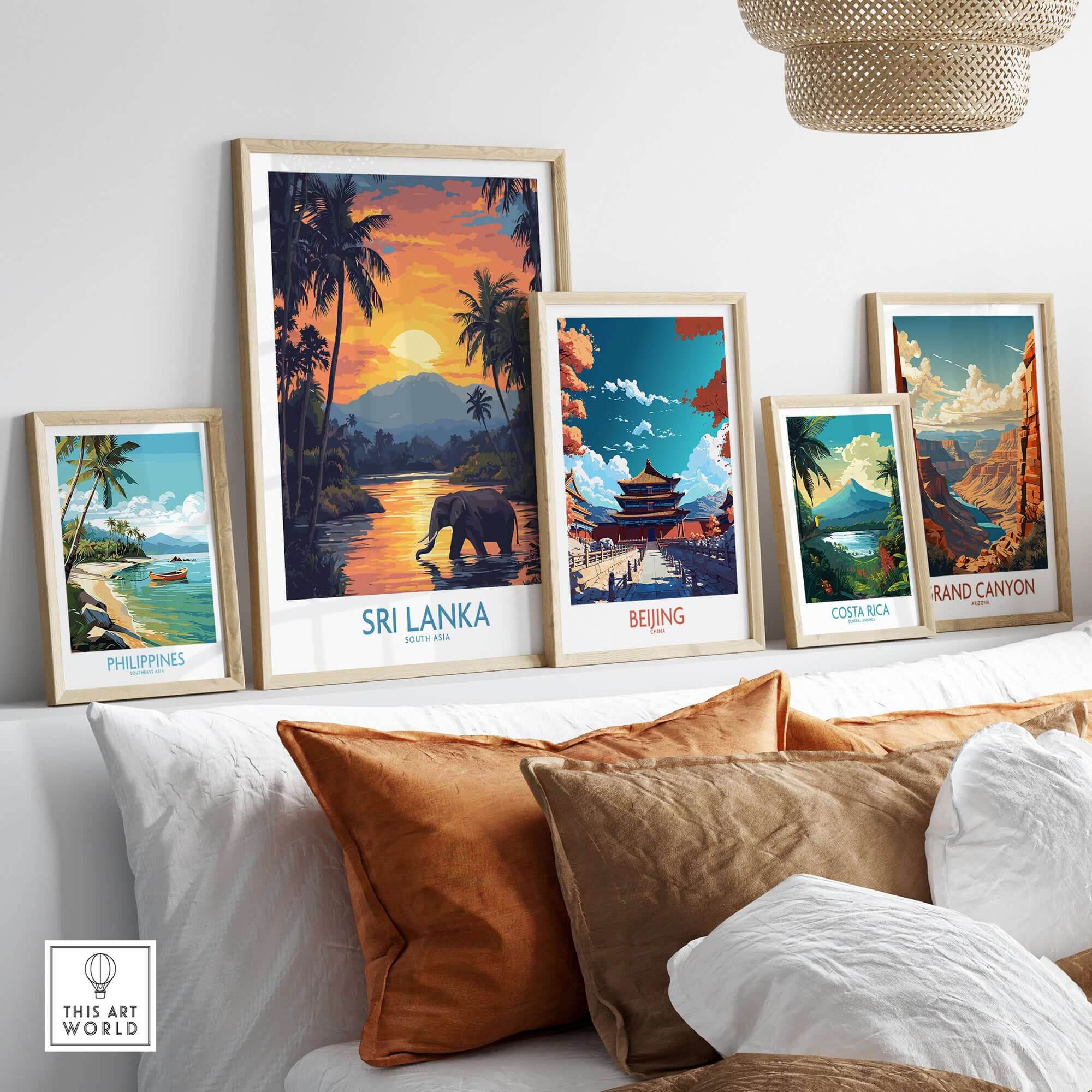 Sri Lanka Poster with Elephant in tropical setting at Sunset - Travel Print displayed in a gallery wall arrangement.