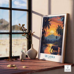 Sri Lanka Poster with Elephant in tropical setting at Sunset - Travel Print displayed in a sunny room with a beach view.