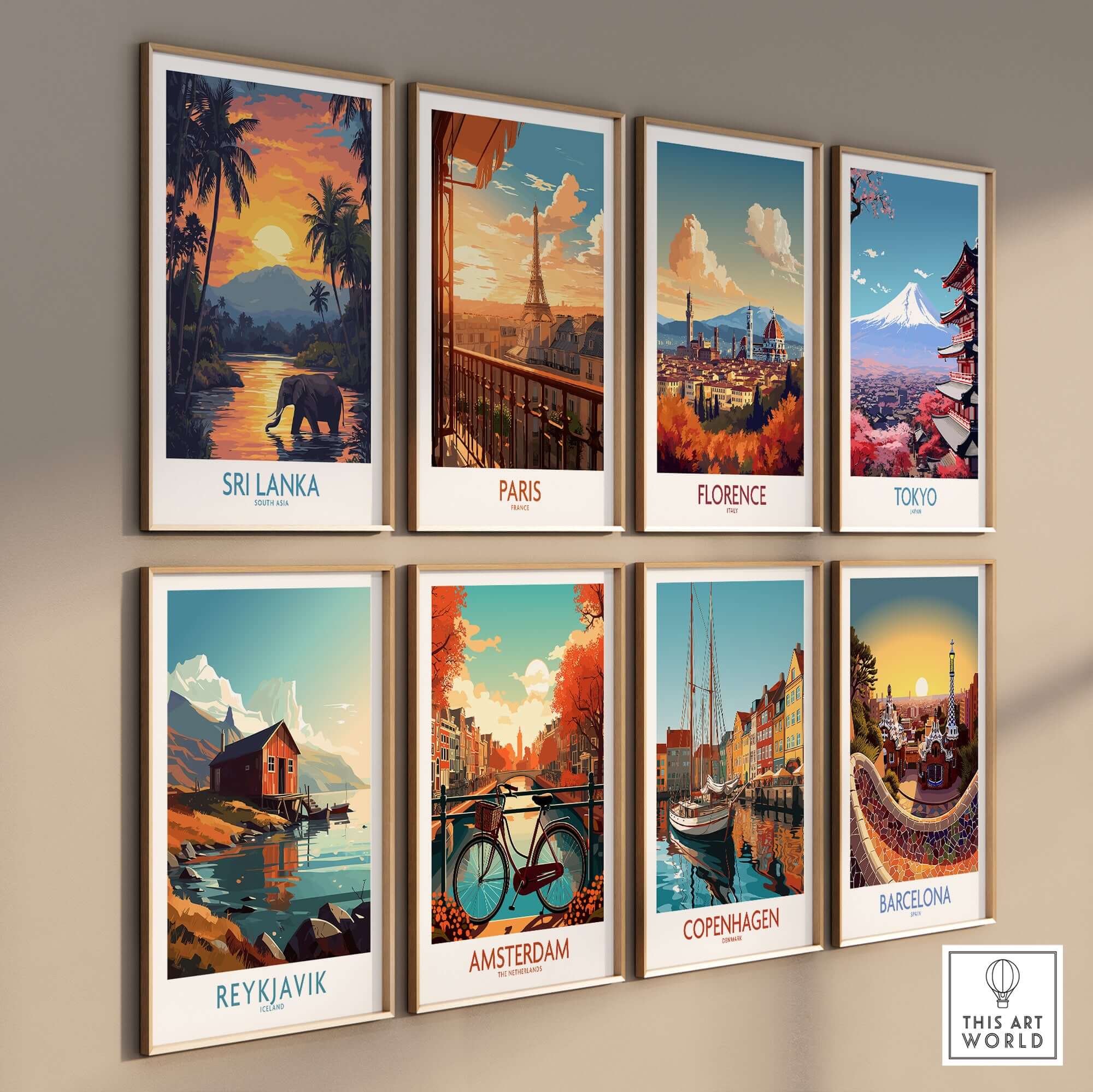 Sri Lanka Poster with Elephant in tropical setting at Sunset - Travel Print collection featuring global cityscapes.