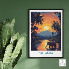 Sri Lanka Poster with Elephant in tropical setting at Sunset - Travel Print