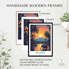 Sri Lanka Poster with Elephant in tropical setting at Sunset - Travel Print framed in natural, white, and black handmade wooden frames.