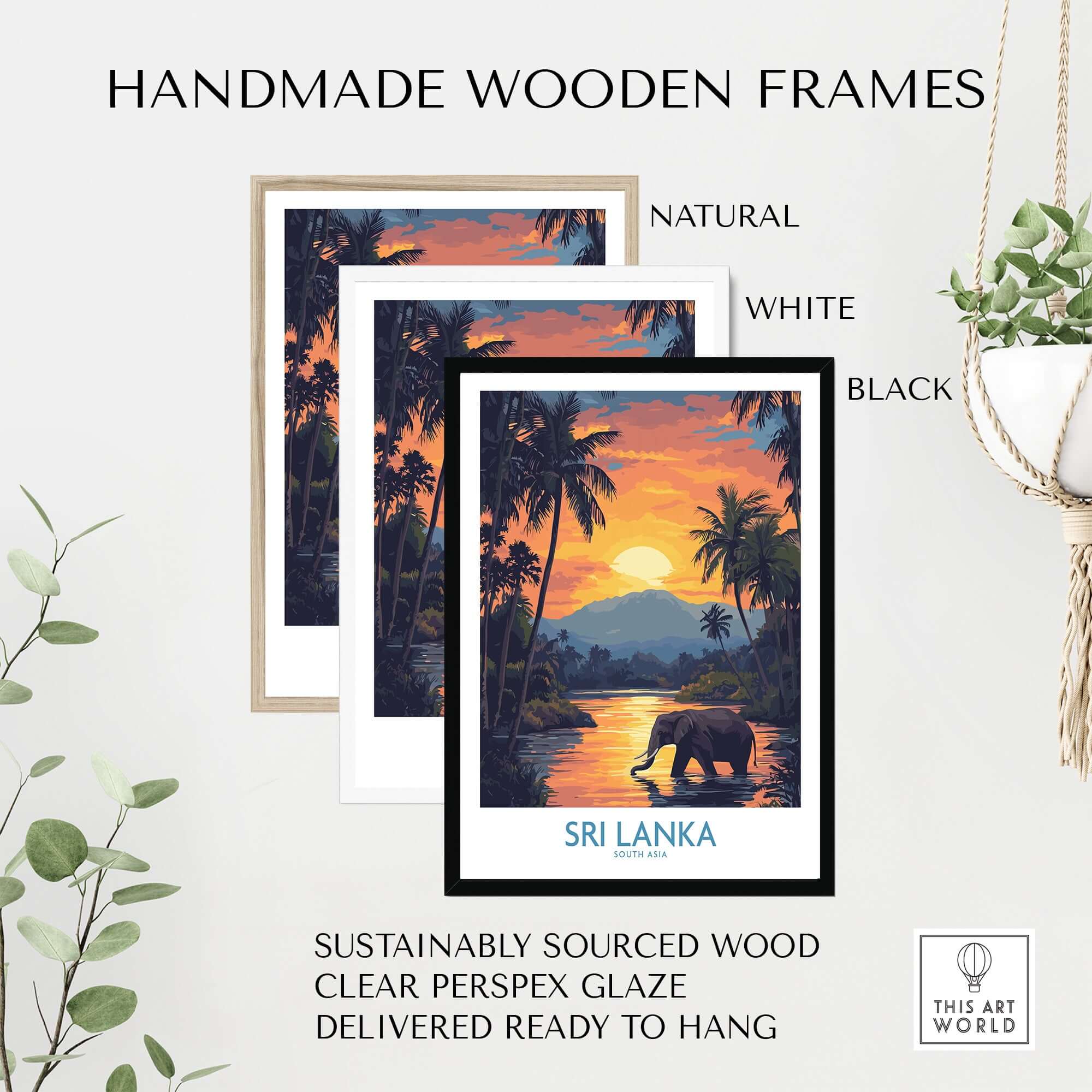 Sri Lanka Poster with Elephant in tropical setting at Sunset - Travel Print framed in natural, white, and black handmade wooden frames.