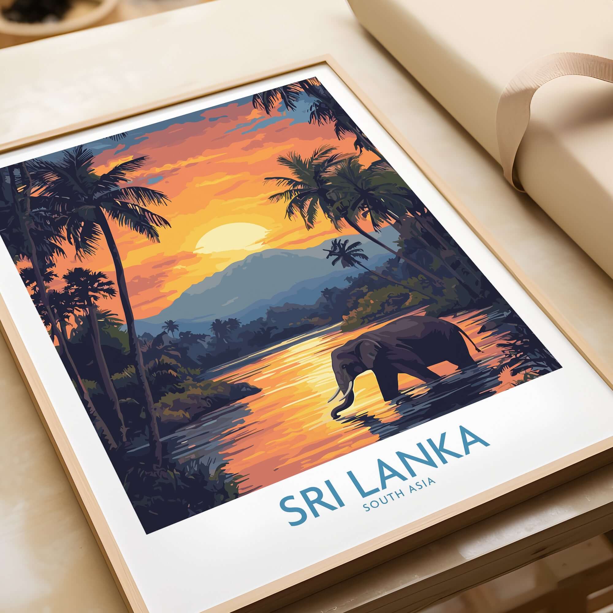Sri Lanka Poster with Elephant in tropical setting at Sunset - Travel Print showcasing vibrant sunset and lush landscapes.