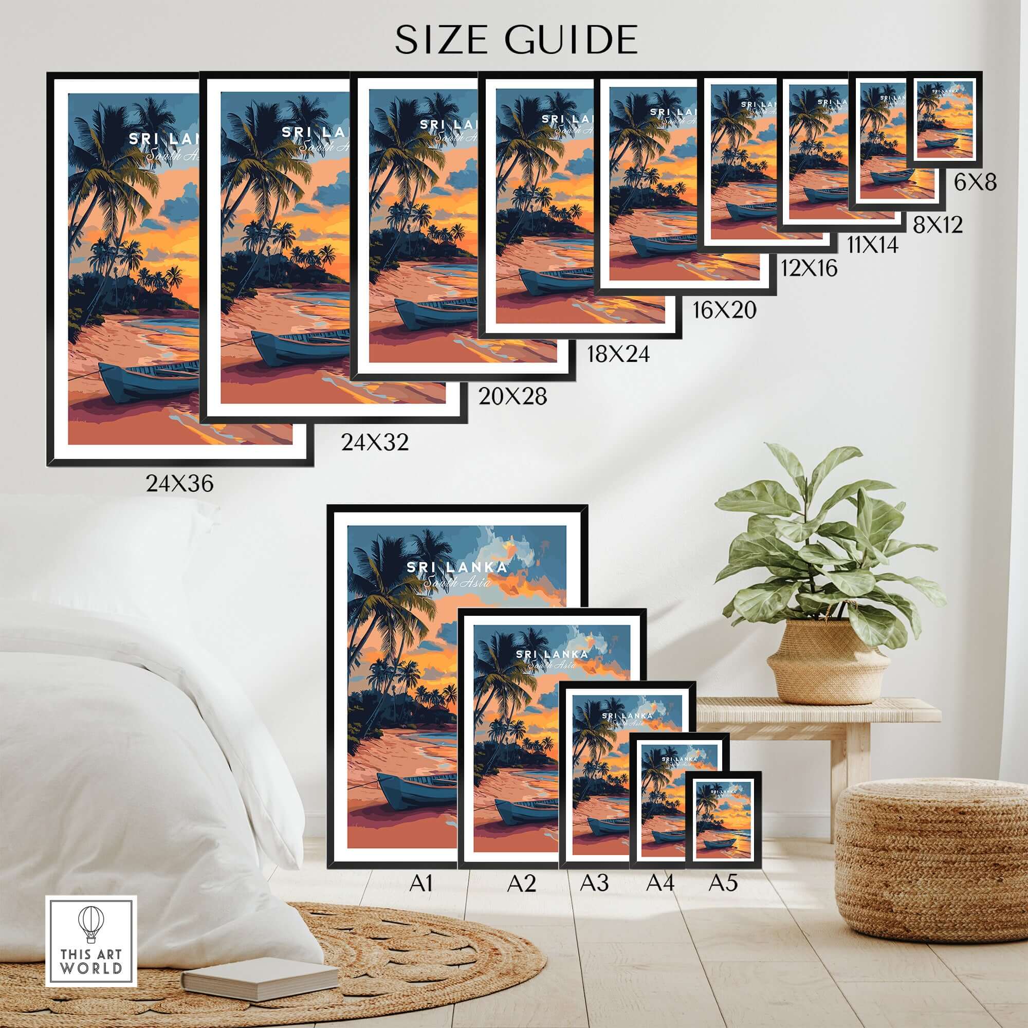 Sri Lanka Sunset Art - Tropical Beach Poster, South Asia Travel Print size guide for various frame dimensions