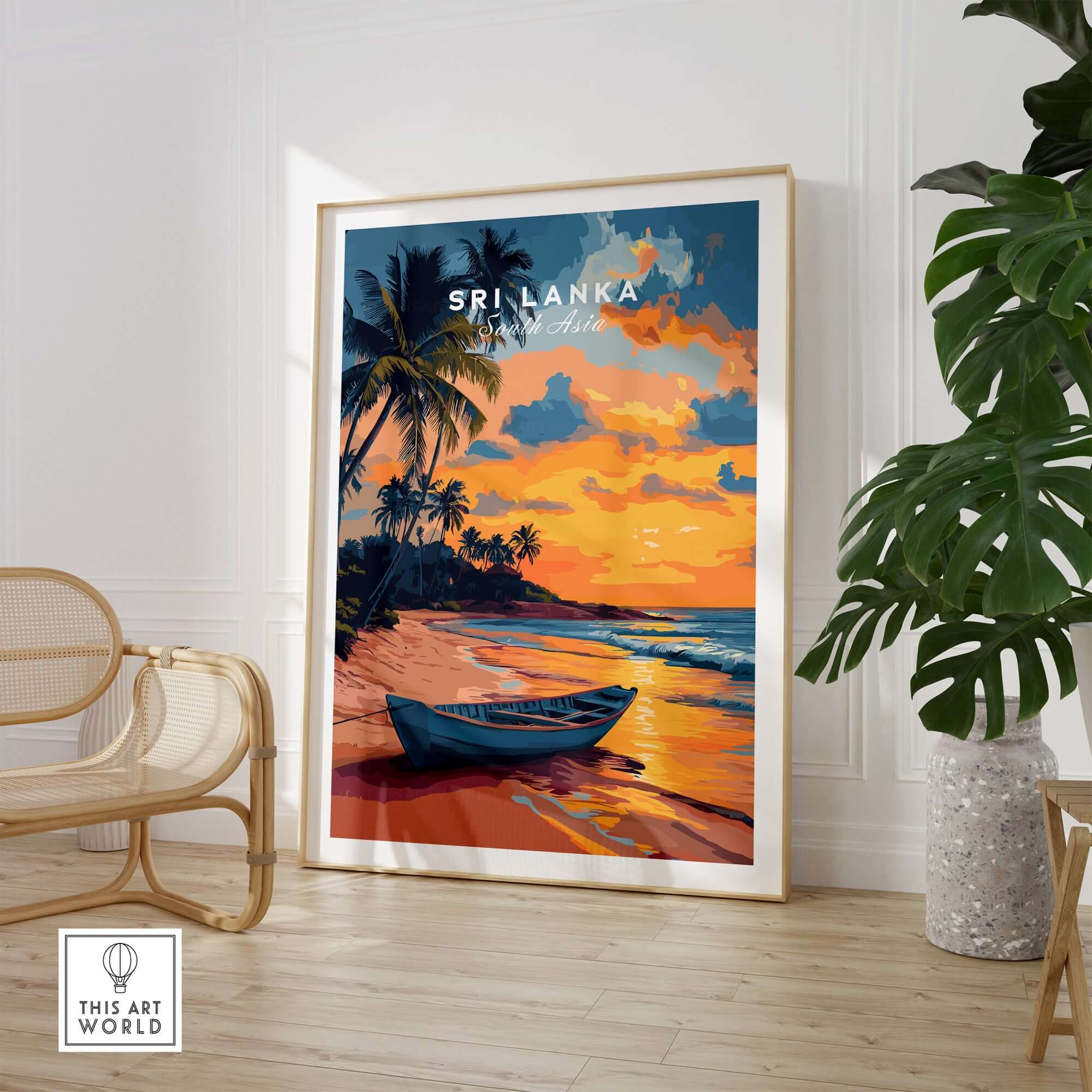 Sri Lanka Sunset Art - Tropical Beach Poster, South Asia Travel Print featuring a scenic sunset over the beach.