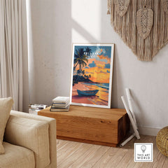 Sri Lanka Sunset Art - Tropical Beach Poster, South Asia Travel Print displayed in a cozy home setting with a wooden bench.