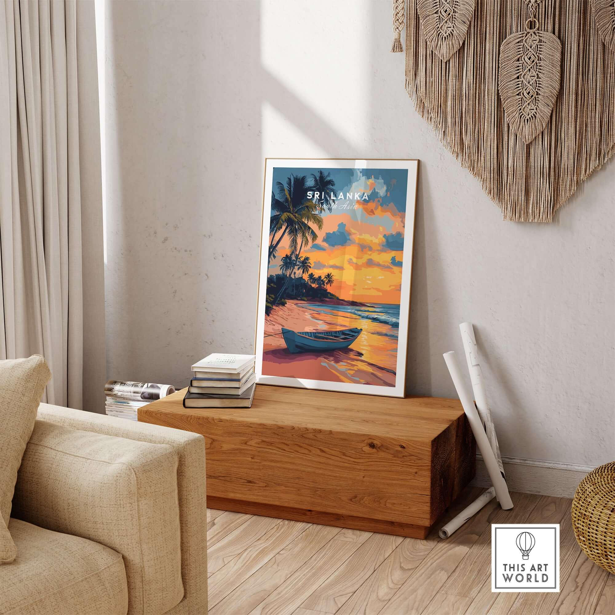 Sri Lanka Sunset Art - Tropical Beach Poster, South Asia Travel Print displayed in a cozy home setting with a wooden bench.