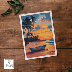 Sri Lanka Sunset Art - Tropical Beach Poster, South Asia Travel Print with a boat on a tropical beach.