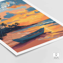 Sri Lanka Sunset Art - Tropical Beach Poster, South Asia Travel Print featuring a serene beach scene with a boat at sunset.