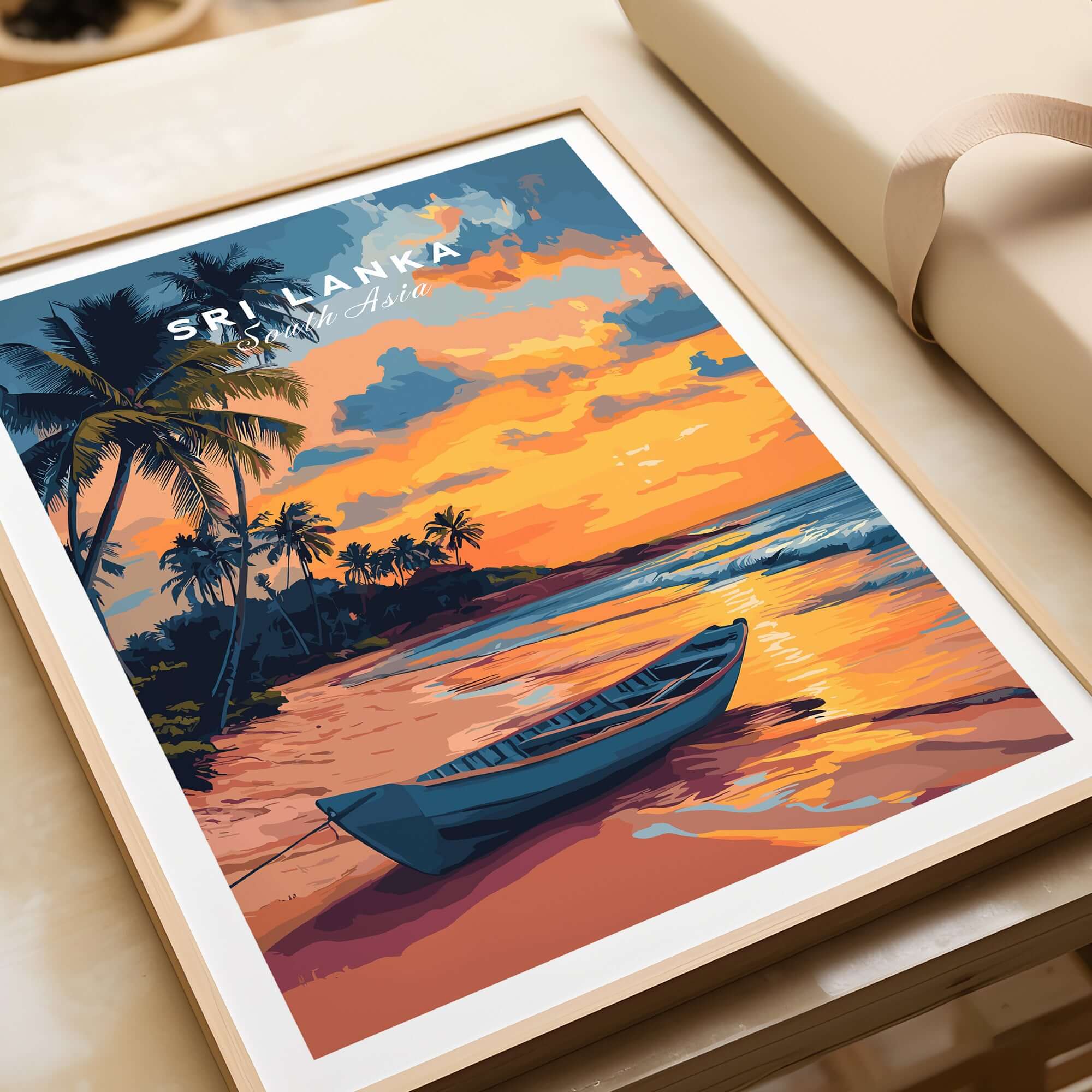 Sri Lanka Sunset Art - Tropical Beach Poster, South Asia Travel Print featuring a vibrant tropical scene with a boat.