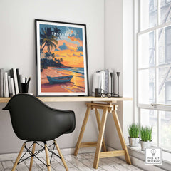 Sri Lanka Sunset Art - Tropical Beach Poster, South Asia Travel Print displayed in a modern office setting.
