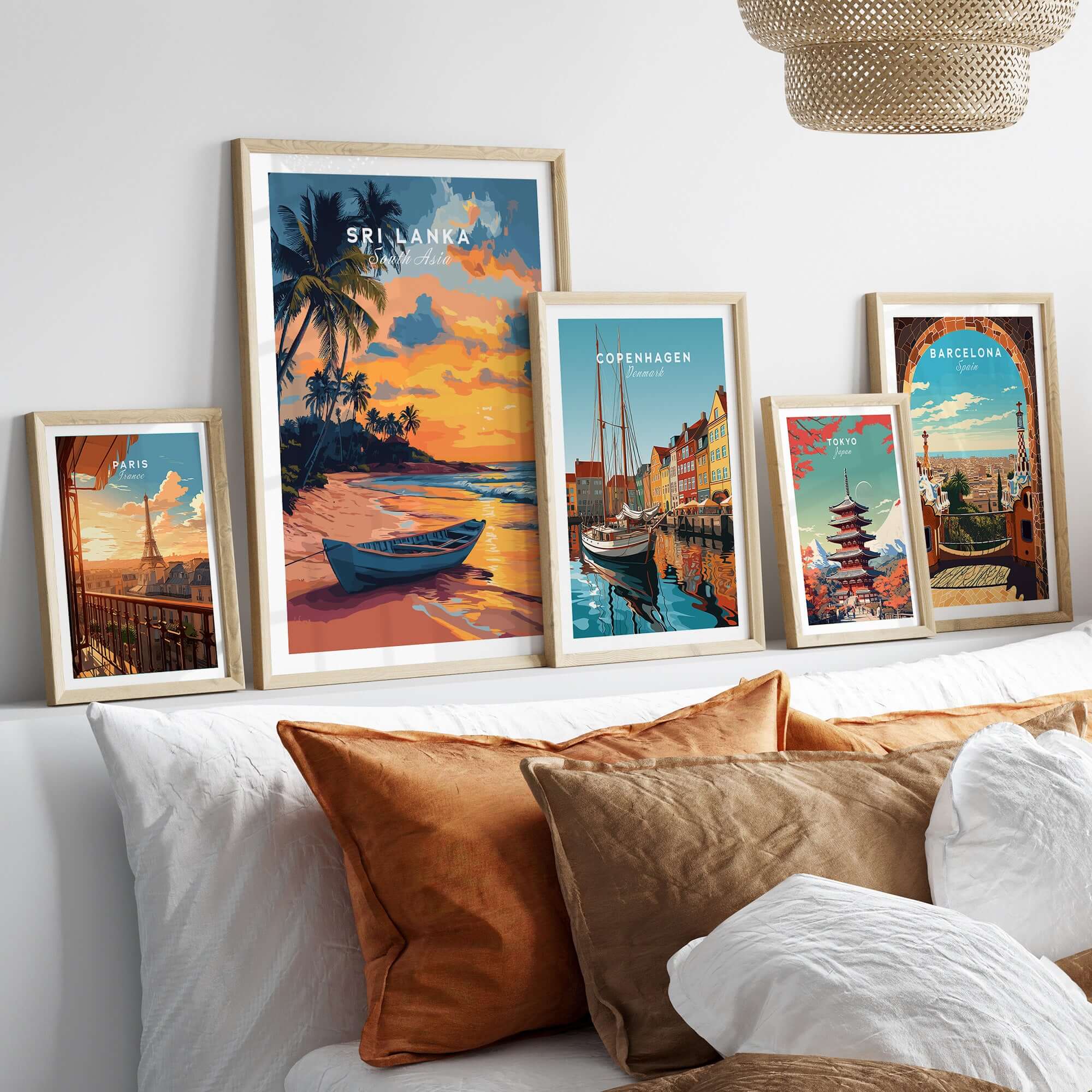 Sri Lanka Sunset Art - Tropical Beach Poster, South Asia Travel Print displayed in a cozy home setting with other travel prints.
