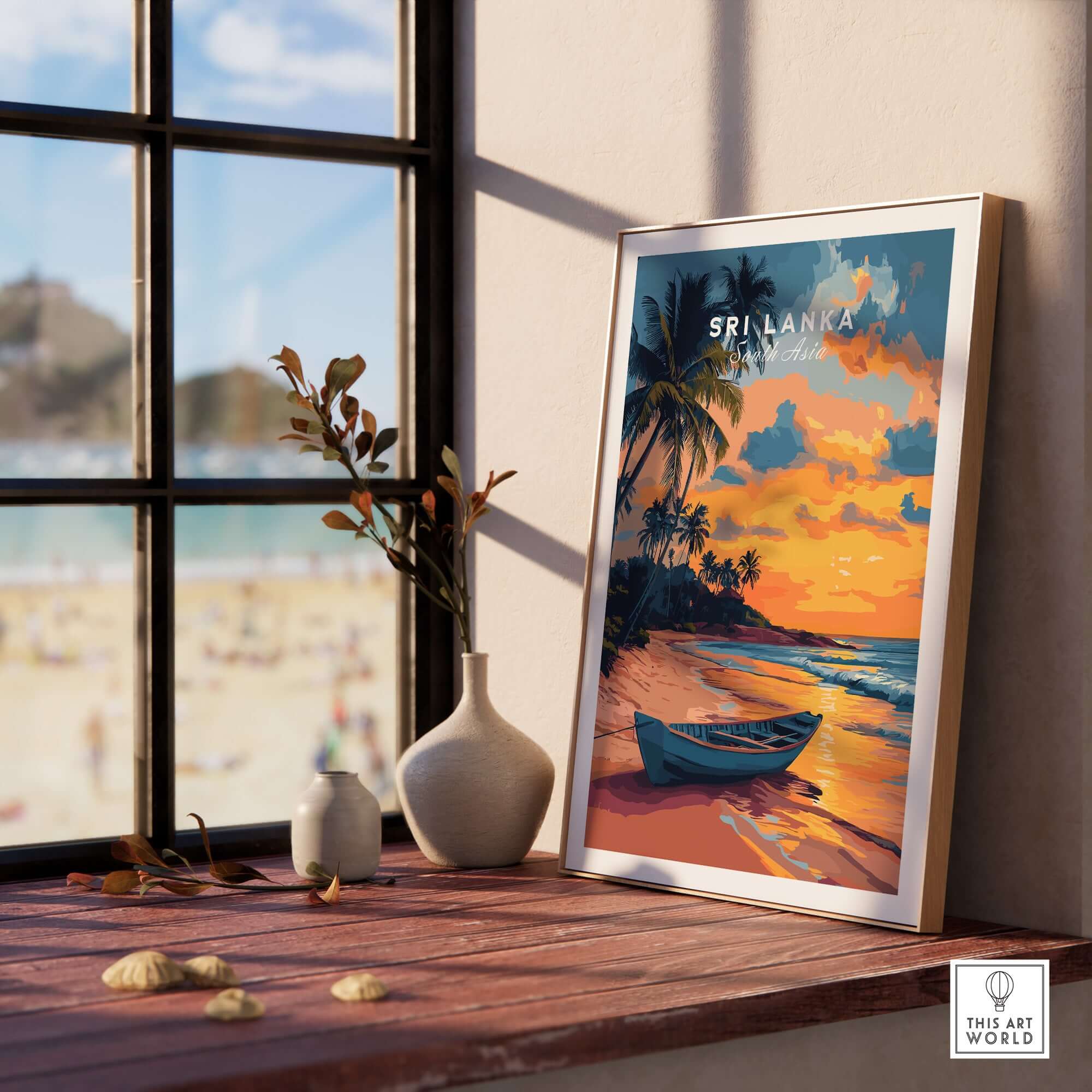 Sri Lanka Sunset Art - Tropical Beach Poster, South Asia Travel Print displayed in a cozy interior with beach view.