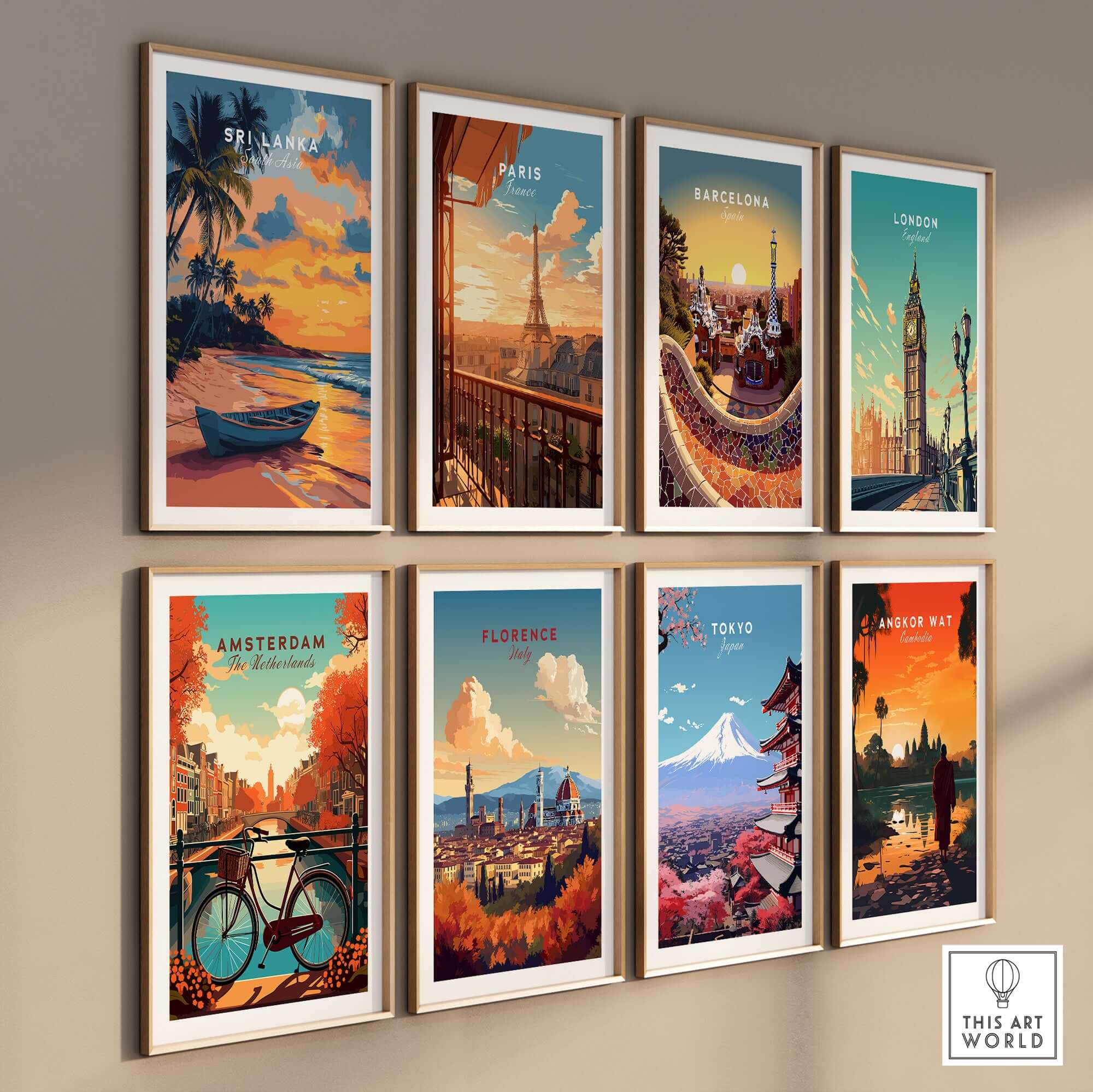 Sri Lanka Sunset Art - Tropical Beach Poster, South Asia Travel Print featuring vibrant travel posters on a wall.
