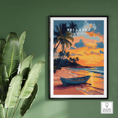Sri Lanka Sunset Art - Tropical Beach Poster, South Asia Travel Print featuring vibrant beach scene.