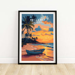 Sri Lanka Sunset Art - Tropical Beach Poster, South Asia Travel Print featuring a serene tropical beach at sunset.