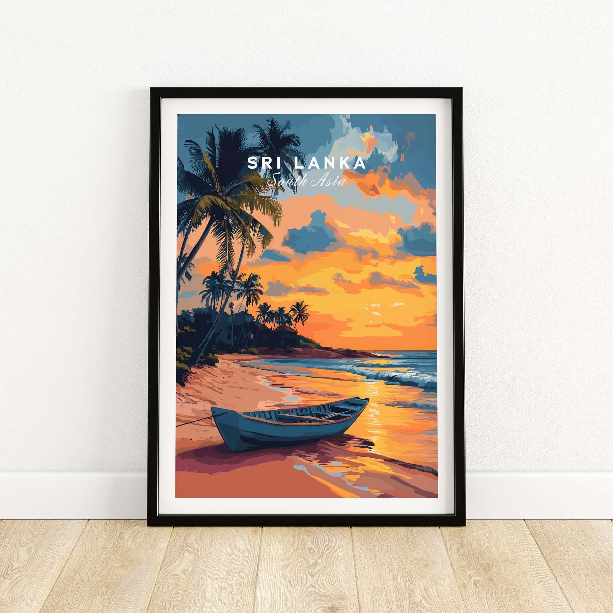 Sri Lanka Sunset Art - Tropical Beach Poster, South Asia Travel Print featuring a serene tropical beach at sunset.
